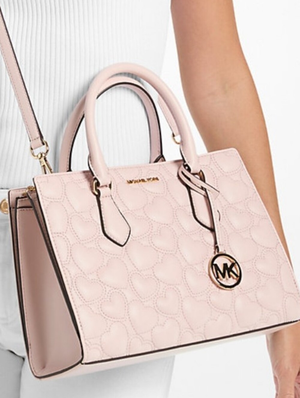 New Michael Kors Blush Quilted Heart Satchel with Gold Hardware